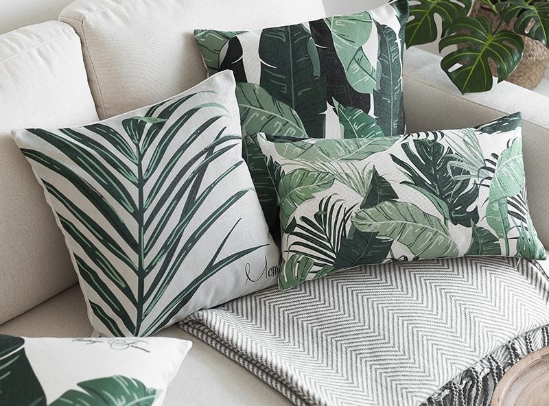 housse de coussin feuille verte tropicale  1