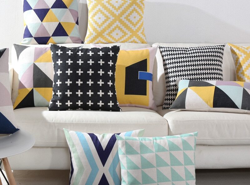 Housse de coussin scandinave géométrique bleu jaune  1