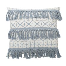 Housse de coussin vintage pompons beige et bleu 5