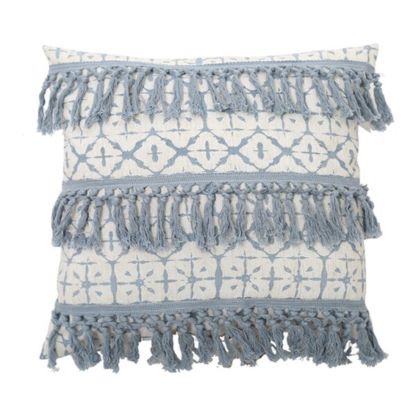 Housse de coussin vintage pompons beige et bleu 5