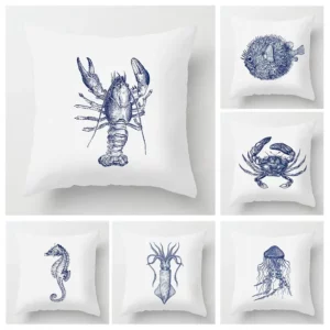 Housse de coussin marin crabe et crustacé bleu et blanc Housse de coussin marin crabe et crustacé bleu et blanc 1