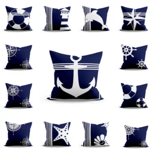 Housse de coussin marin bleu et blanc style méditerranéen Housse de coussin marin bleu et blanc style méditerranéen 1