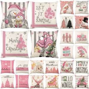 Housse de coussin Noël cerf joyeux sapin et lutin rose Housse de coussin Noël cerf joyeux sapin et lutin rose 1