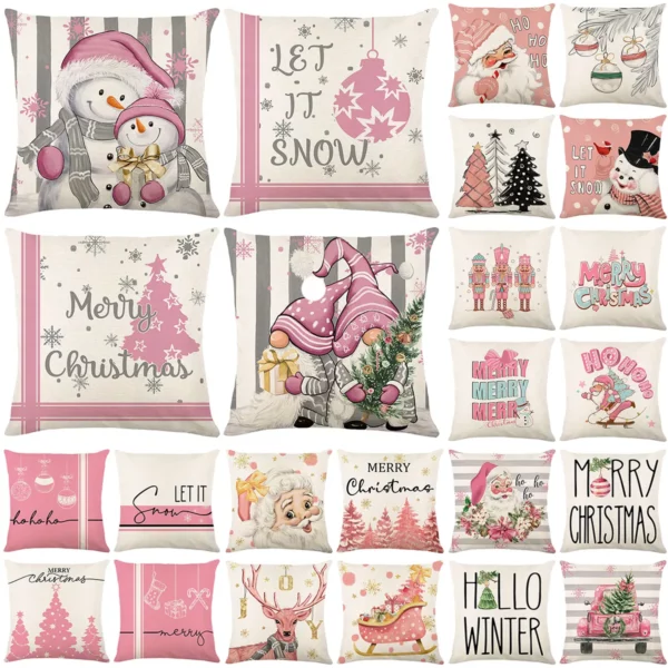 Housse de coussin Noël cerf joyeux sapin et lutin rose Housse de coussin Noël cerf joyeux sapin et lutin rose 1