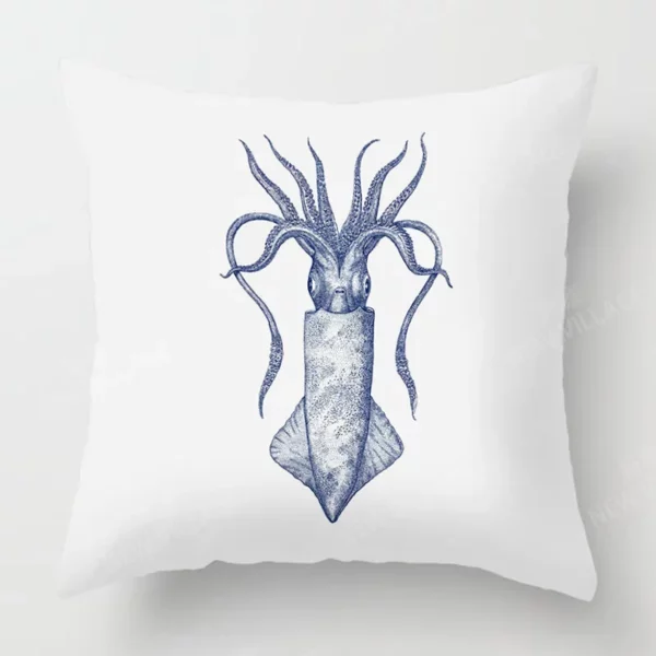 Housse de coussin marin crabe et crustacé bleu et blanc Housse de coussin marin crabe et crustacé bleu et blanc 4