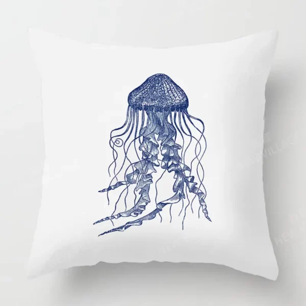 Housse de coussin marin crabe et crustacé bleu et blanc Housse de coussin marin crabe et crustacé bleu et blanc 3