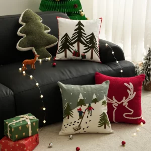 Housse de coussin broderie de Noël cerf sapin et boule de neige Housse de coussin broderie de Noël cerf sapin et boule de neige 1