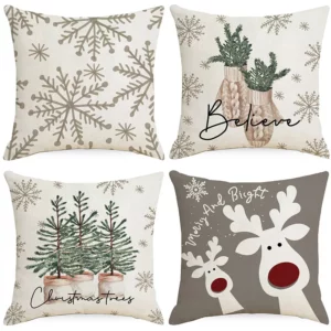 Housse de coussin Noël cerf et flocon beige Housse de coussin Noël cerf et flocon beige 1