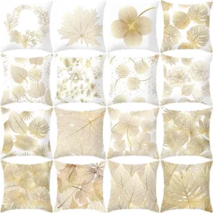 Housse de coussin nature feuille et plante doré Taie d'oreiller en polyester imprimé plante dorée, housse de coussin de canapé, décoration d'intérieur 1