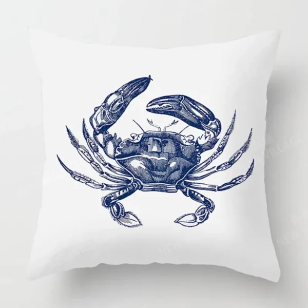 Housse de coussin marin crabe et crustacé bleu et blanc Housse de coussin marin crabe et crustacé bleu et blanc 2