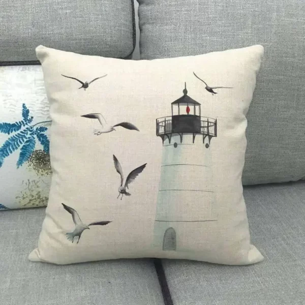 Housse de coussin marin bateau bleu et phare à mouette Housse de coussin marin bateau bleu et phare à mouette 4