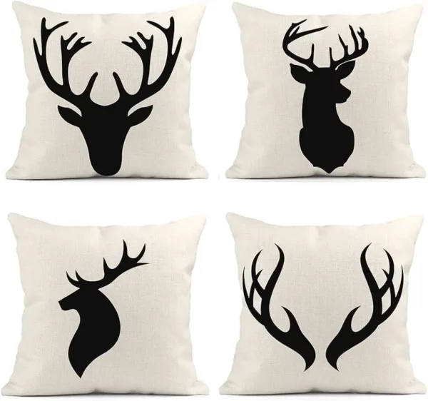 Housse de coussin scandinave cerf noir sur fond blanc Housse de coussin scandinave cerf noir sur fond blanc 1