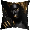 Housse de coussin moderne avec portrait féminin stylisé africain doré 27