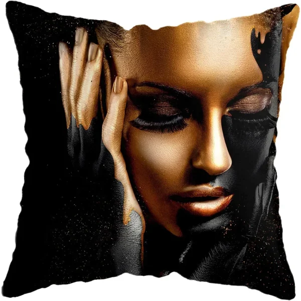 Housse de coussin moderne avec portrait féminin stylisé africain doré Housse de coussin moderne avec portrait féminin stylisé africain doré 6