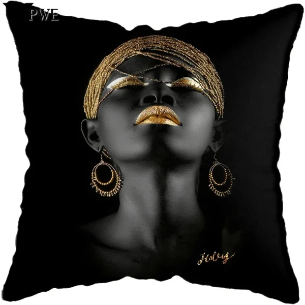 Housse de coussin moderne avec portrait féminin stylisé africain doré 1