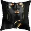 Housse de coussin moderne avec portrait féminin stylisé africain doré 11