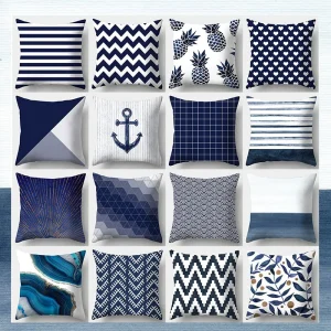 Housse de coussin Scandinave ananas marine bleu et blanc. Housse de coussin Scandinave ananas marine bleu et blanc. 1