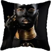 Housse de coussin moderne avec portrait féminin stylisé africain doré 29