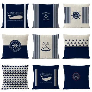 Housse de coussin marin motifs nautiques bord de mer blanc et bleu Housse de coussin marin motifs nautiques bord de mer blanc et bleu 1