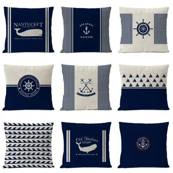 Housse de coussin marin motifs nautiques bord de mer blanc et bleu 1