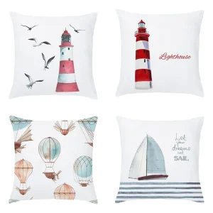 Housse de coussin marin phare mouettes montgolfières et voile Housse de coussin marin phare mouettes montgolfières et voile 1
