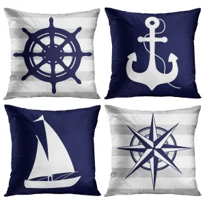 Housse de coussin marin rose des vents ambiance nautique bleu et blanc Housse de coussin marin rose des vents ambiance nautique bleu et blanc 1