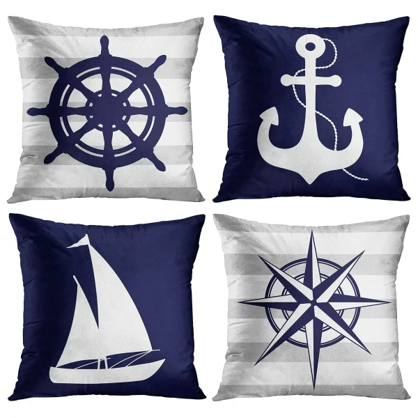 Housse de coussin marin rose des vents ambiance nautique bleu et blanc Housse de coussin marin rose des vents ambiance nautique bleu et blanc 1