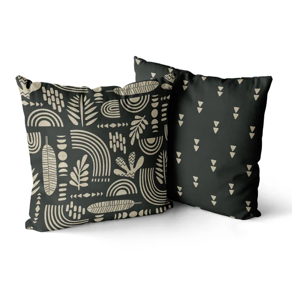 Housse de coussin scandinave graphiques noirs et beiges plante et mosaïque Housse de coussin scandinave graphiques noirs et beiges plante et mosaïque 2