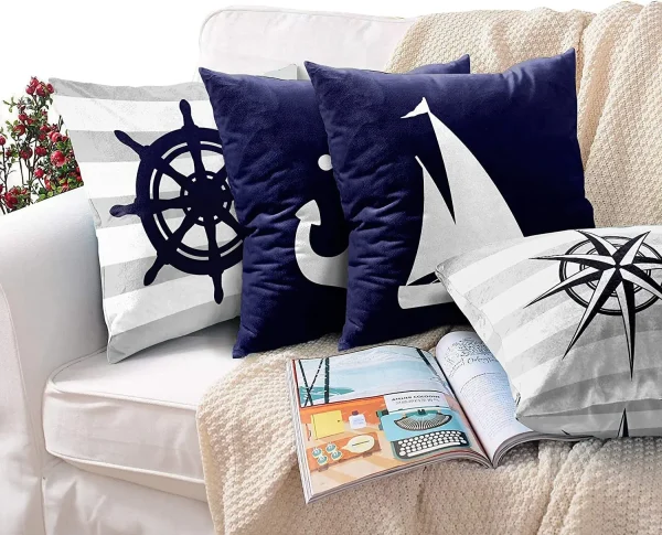 Housse de coussin marin rose des vents ambiance nautique bleu et blanc Housse de coussin marin rose des vents ambiance nautique bleu et blanc 2