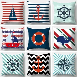 Housse de coussin marin ancre marine baleine et gouvernail Housse de coussin marin ancre marine baleine et gouvernail 1