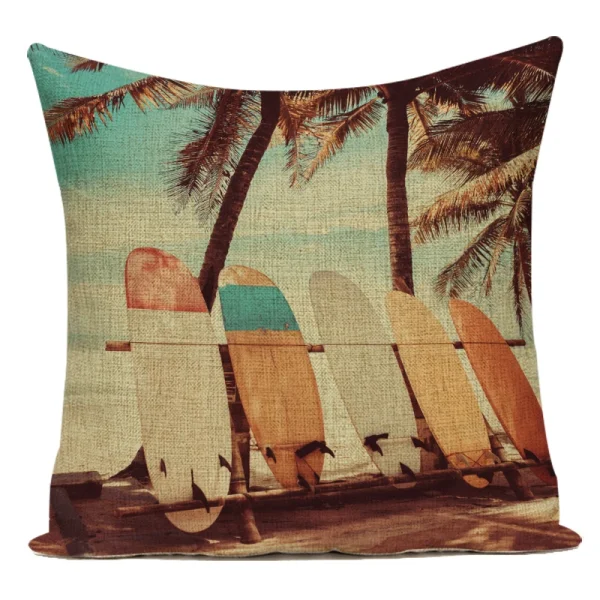 Housse de coussin retro tropicale plage de surf et cocotier Housse de coussin retro tropicale plage de surf et cocotier