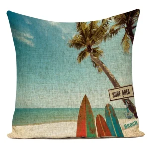 Housse de coussin retro tropicale plage de surf et cocotier