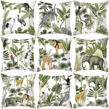 Housse de coussin nature animaux de la savane palmiers et feuillage exotique 1