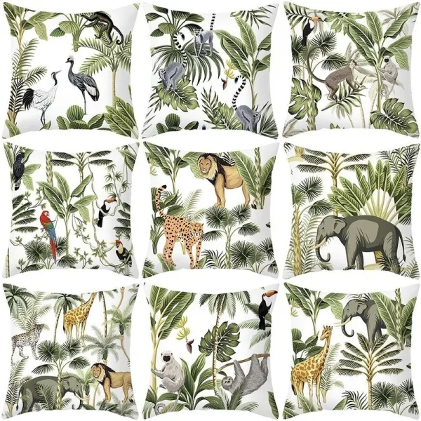 Housse de coussin nature animaux de la savane palmiers et feuillage exotique 1