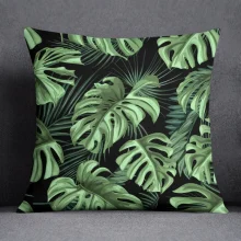 Housse de coussin nature tropicale feuilles verte et fond blanc noir vert