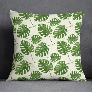 Housse de coussin nature tropicale feuilles verte et fond couleur 4
