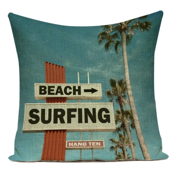Housse de coussin retro tropicale plage de surf et cocotier Housse de coussin retro tropicale plage de surf et cocotier