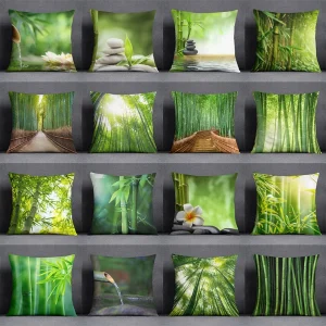 Housse de coussin nature zen bambou et pierres en forêt verdoyante relaxante Housse de coussin nature zen bambou et pierres en forêt verdoyante relaxante 1