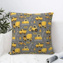 Housse de coussin enfant motif véhicules de construction jaunes et gris Housse de coussin enfant motif véhicules de construction jaunes et gris 1