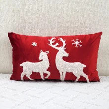 Housse de coussin Noël broderie velours cerfs rouges & flocons blancs Housse de coussin Noël broderie velours cerfs rouges & flocons blancs 3