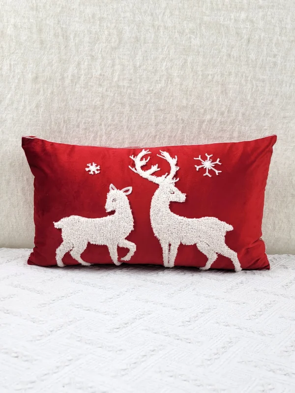 Housse de coussin Noël broderie velours cerfs rouges & flocons blancs Housse de coussin Noël broderie velours cerfs rouges & flocons blancs 3