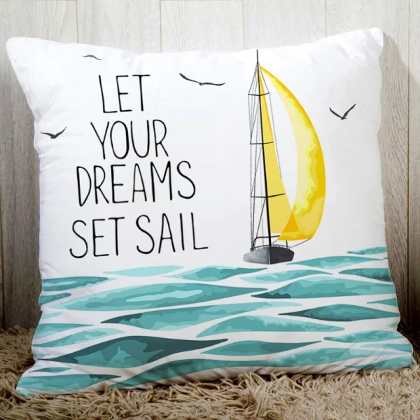 Housse de coussin marin blanche bateau oiseaux poissons et coeur Housse de coussin marin blanche bateau oiseaux poissons et coeur 3
