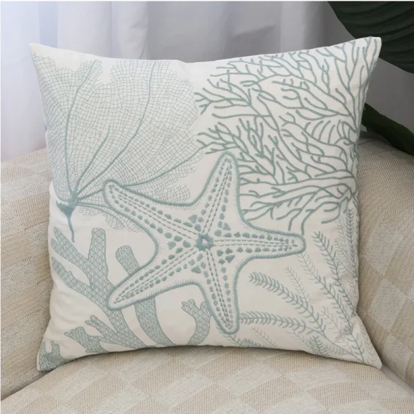 Housse de coussin marin étoile de mer brodée au milieu du corail Housse de coussin marin étoile de mer brodée au milieu du corail 3