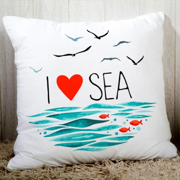 Housse de coussin marin blanche bateau oiseaux poissons et coeur 2