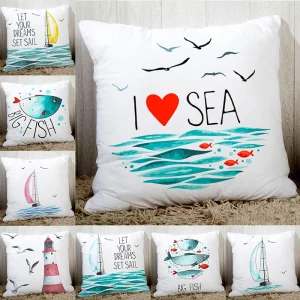 Housse de coussin marin blanche bateau oiseaux poissons et coeur Housse de coussin marin blanche bateau oiseaux poissons et coeur 1