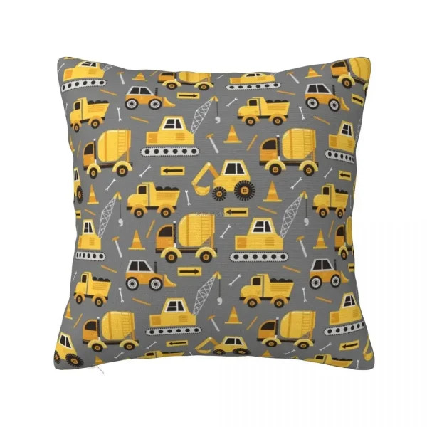 Housse de coussin enfant motif véhicules de construction jaunes et gris 2