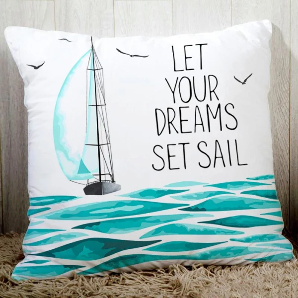 Housse de coussin marin blanche bateau oiseaux poissons et coeur Housse de coussin marin blanche bateau oiseaux poissons et coeur 6