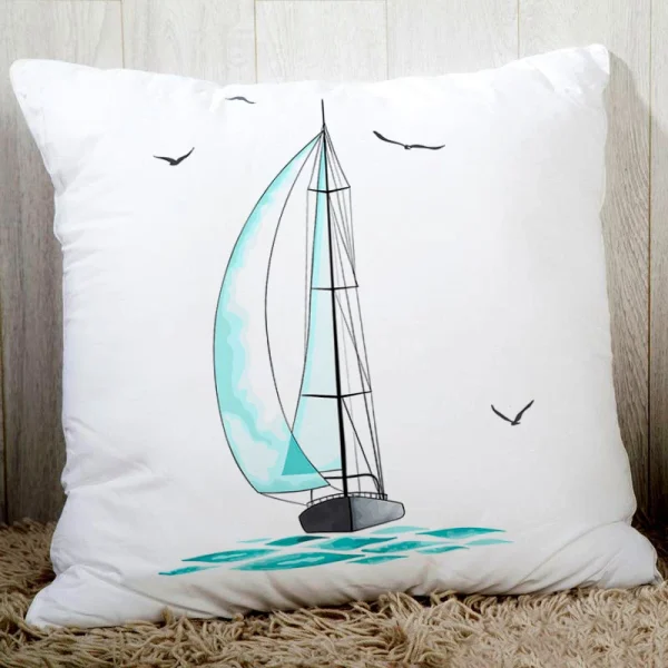 Housse de coussin marin blanche bateau oiseaux poissons et coeur Housse de coussin marin blanche bateau oiseaux poissons et coeur 4