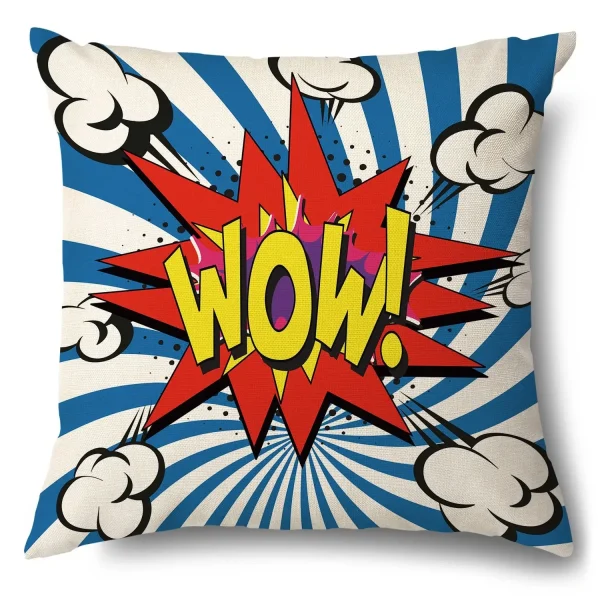 Housse de coussin style pop art avec onomatopée WOW colorée 4