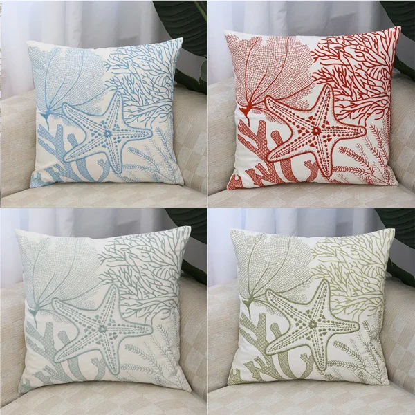 Housse de coussin marin étoile de mer brodée au milieu du corail Housse de coussin marin étoile de mer brodée au milieu du corail 2